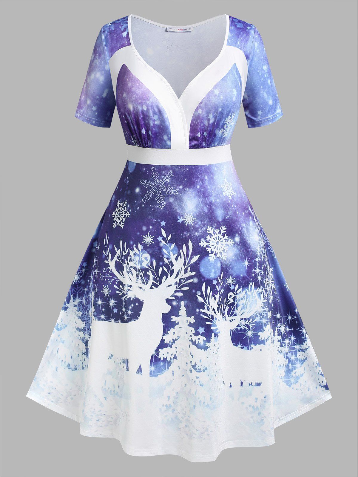 Fancy Plus Size Christmas Elk Snowflake Print Dress  