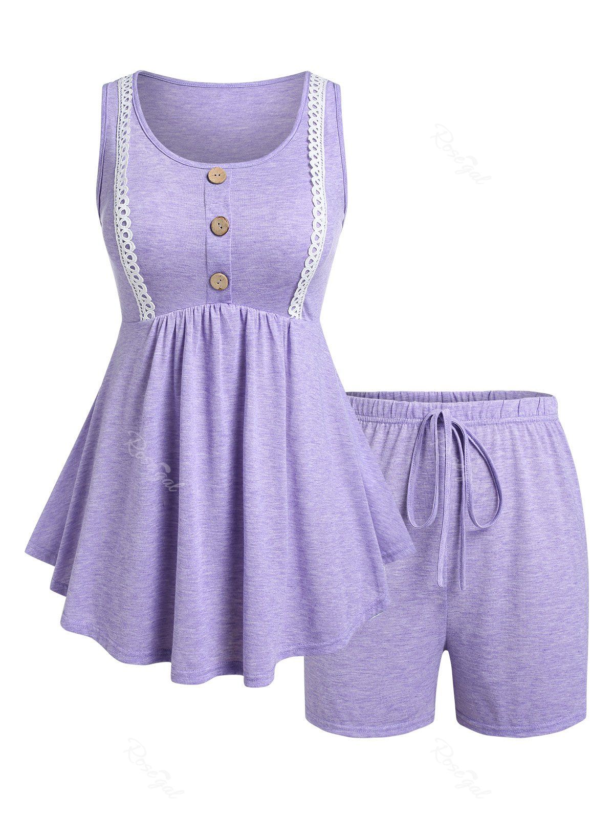 Online Plus Size Picot Trim Pajama Skirted Tank Top and Shorts Set  