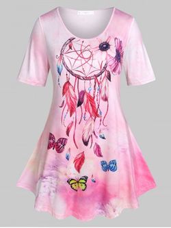 Plus Size & Curve Dreamcatcher Tie Dye Butterfly Round Hem T-shirt - LIGHT PINK - 1X