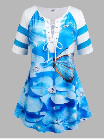 Plus Size & Curve Floral Butterfly Print Lace Up T-shirt