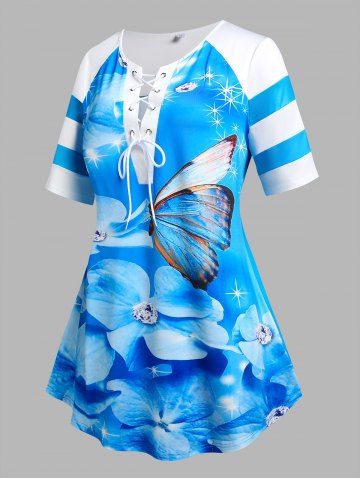 Camiseta con Estampado de Mariposa en Talla Extra con Pinturas de Flores y Mariposas - BLUE - 1X