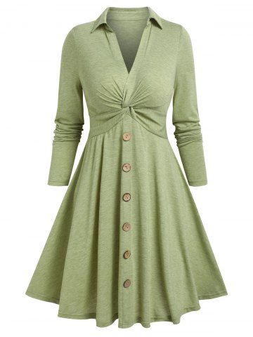 Mock Button Twist Front Casual Dress - LIGHT GREEN - XXL