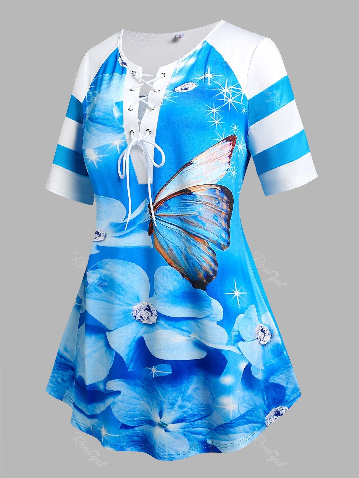 Fashion Plus Size & Curve Floral Butterfly Print Lace Up T-shirt  