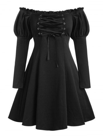 Off The Shoulder Gigot Sleeve Lace Up Dress - BLACK - XXL