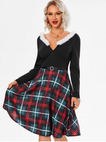 Faux Fur Insert Plaid Belted Dress - BLACK - M