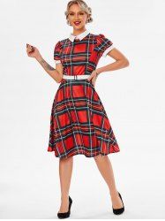 Belted Plaid Turn Down Collar Dress -  