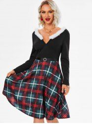 Faux Fur Insert Plaid Belted Dress -  