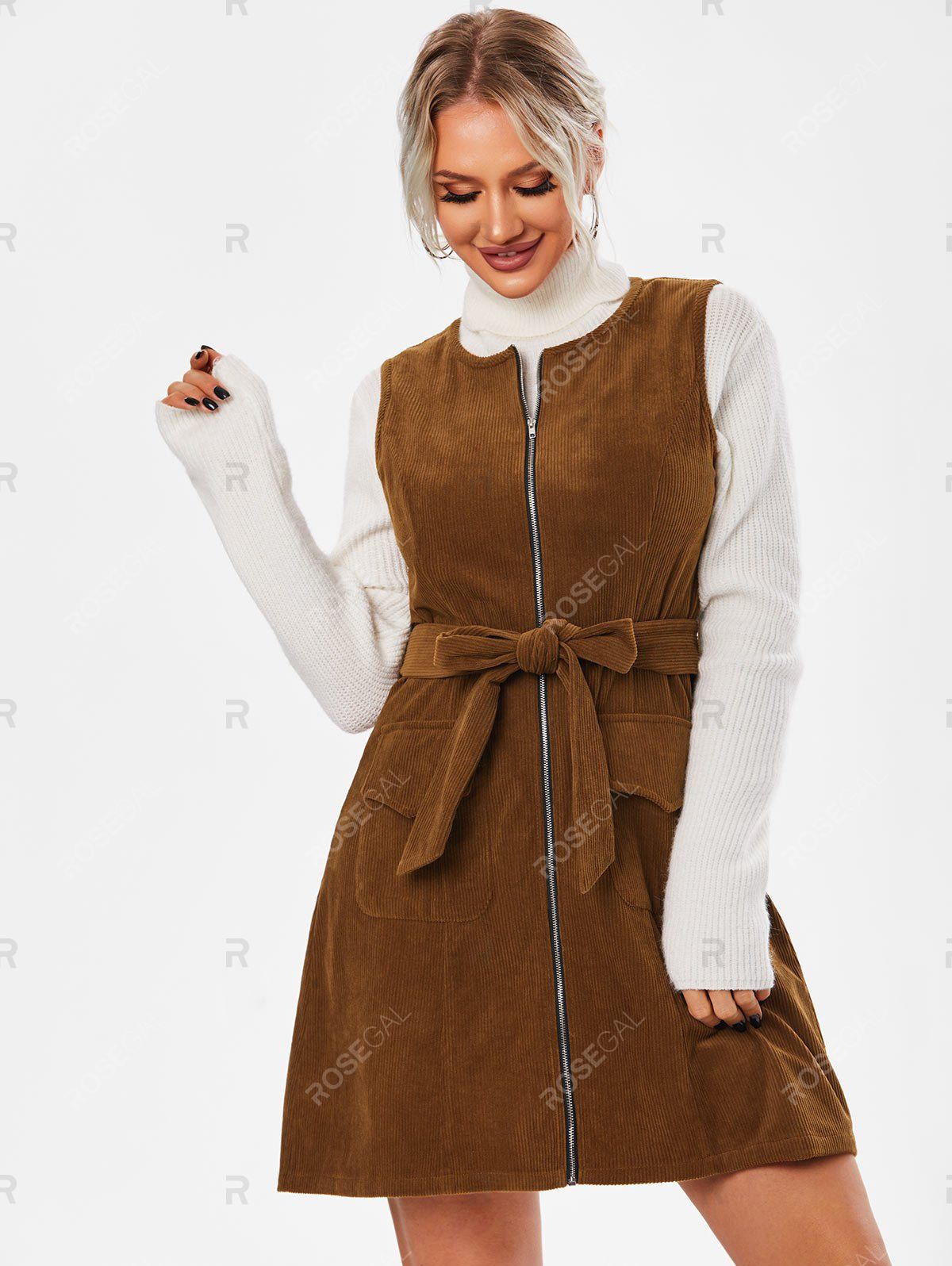 Store Full Zip Belt Corduroy Dress  