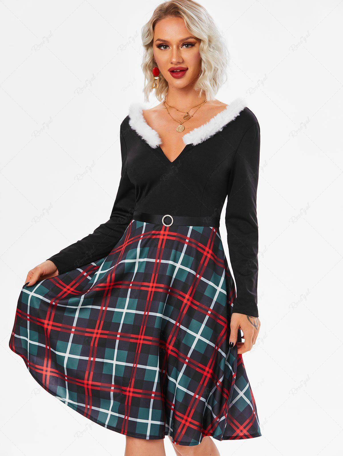 Fancy Faux Fur Insert Plaid Belted Dress  