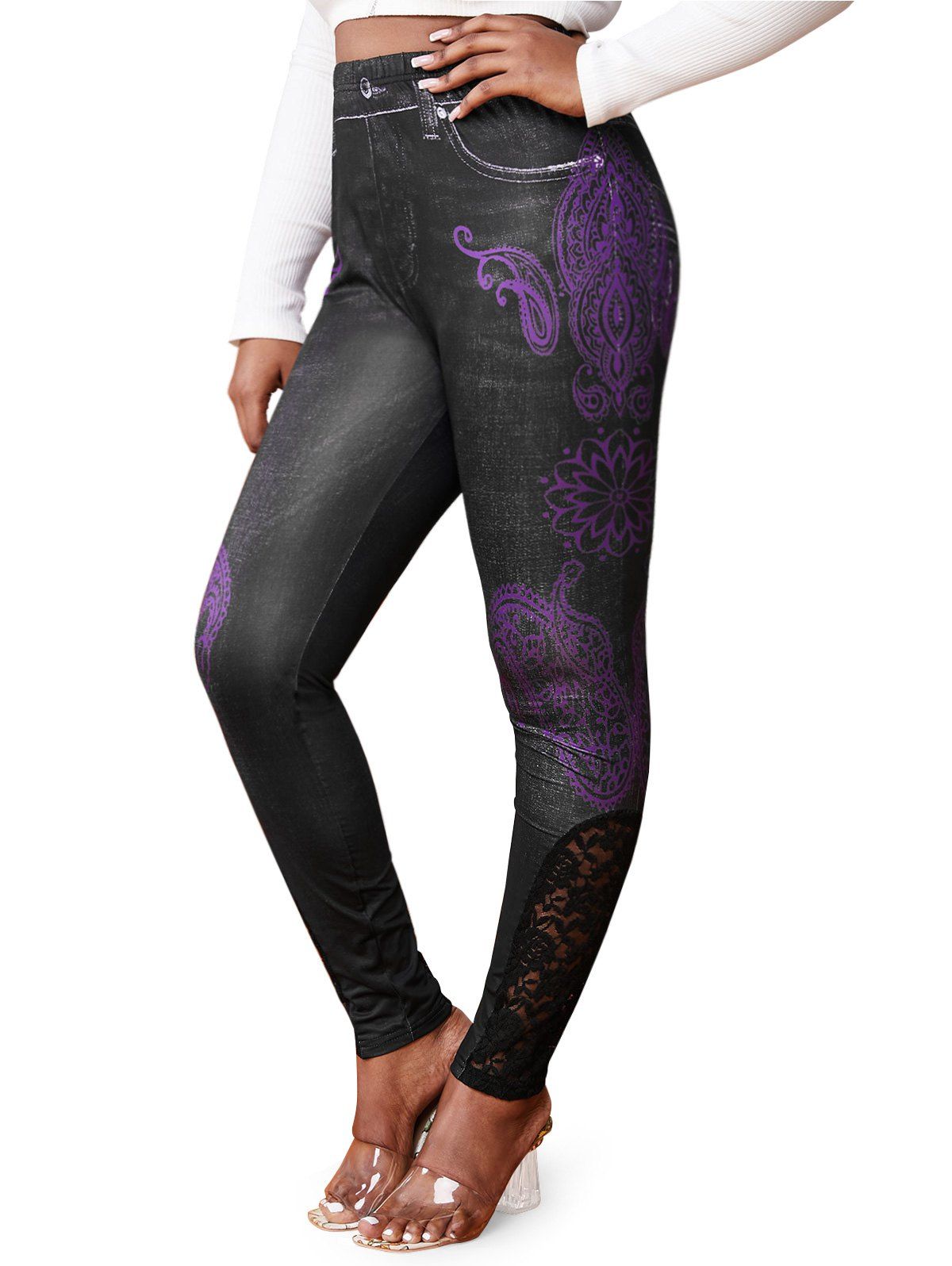 New Plus Size Paisley Flower 3D Print Lace Insert Skinny Jeggings  