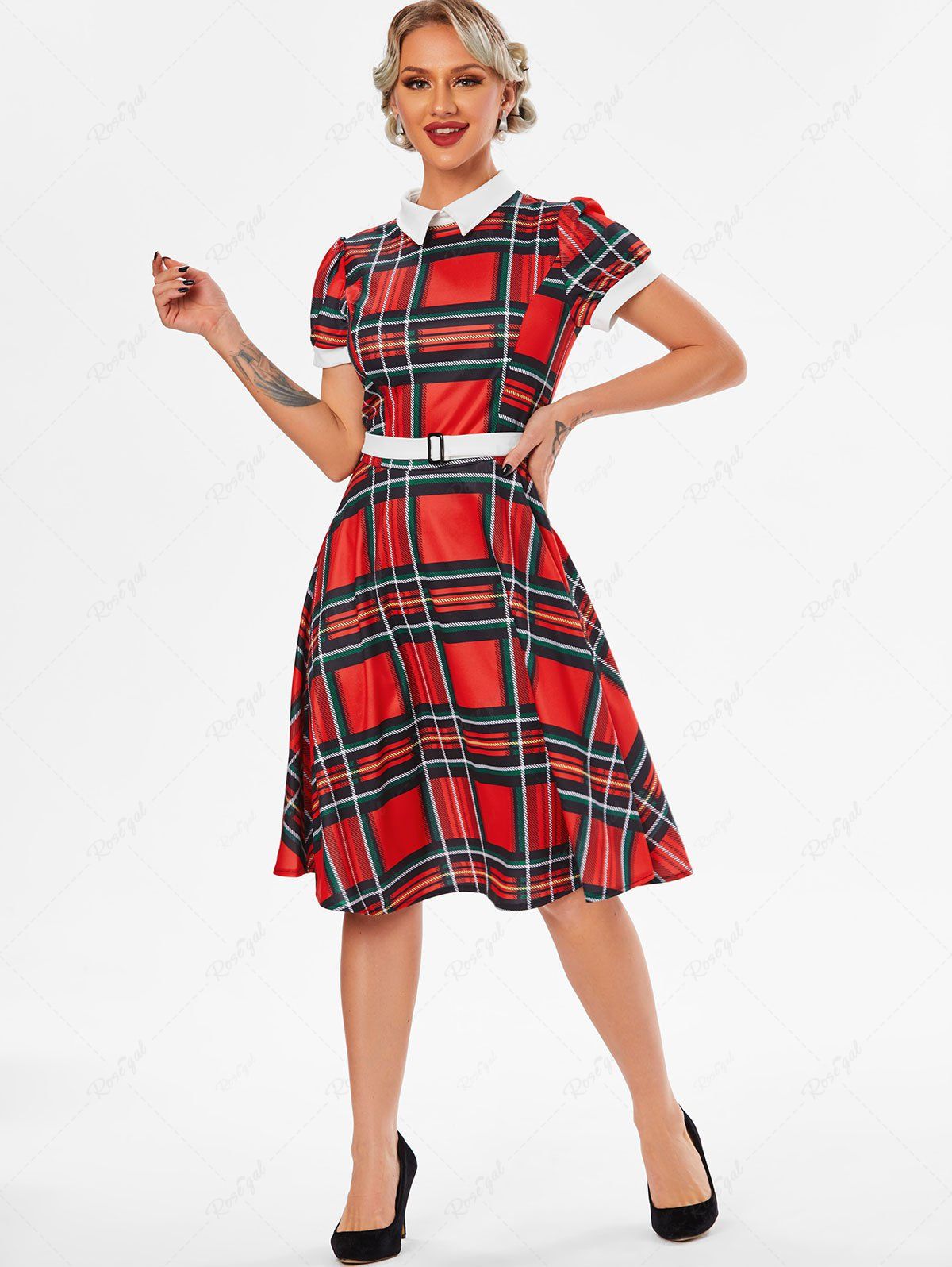 Affordable Belted Plaid Turn Down Collar Dress  