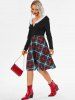 Faux Fur Insert Plaid Belted Dress -  