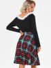 Faux Fur Insert Plaid Belted Dress -  