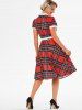 Belted Plaid Turn Down Collar Dress -  