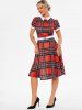 Belted Plaid Turn Down Collar Dress -  