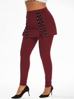 Plus Size Lace Up Skirted Pants - DEEP RED - 5X