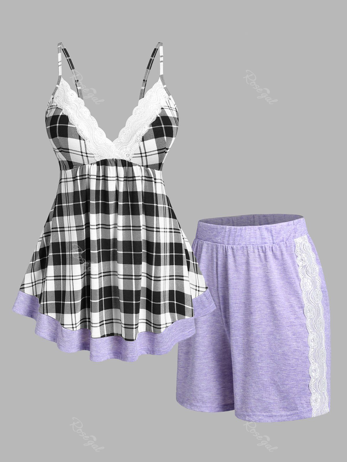 Online Plus Size Plaid Lace Panel Pajama Cami and Shorts Set  