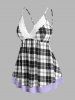 Plus Size Plaid Lace Panel Pajama Cami and Shorts Set -  