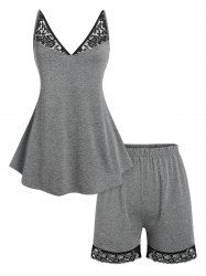 Plus Size Lace Panel Tank Top and Shorts Pajamas Set - L 