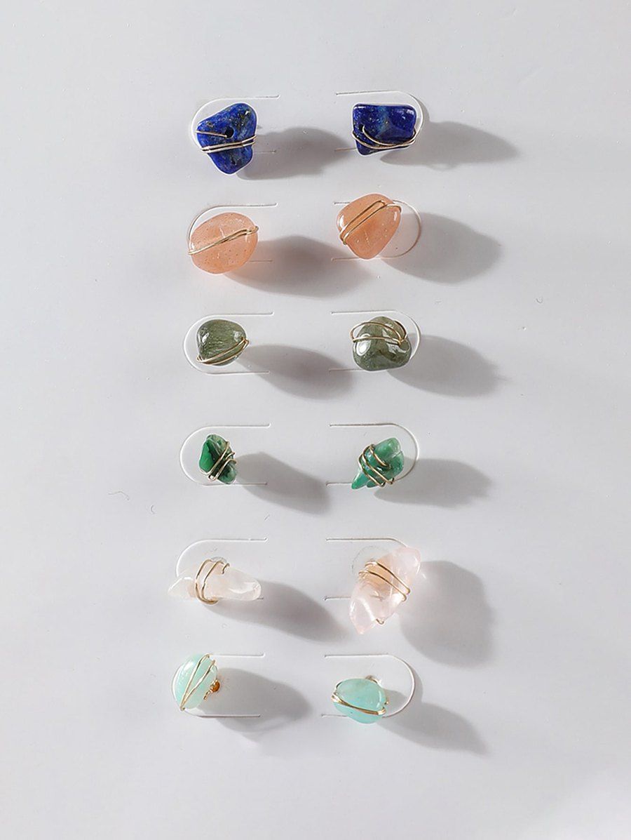 Shops 6 Pairs Natural Stone Stud Earrings Set  