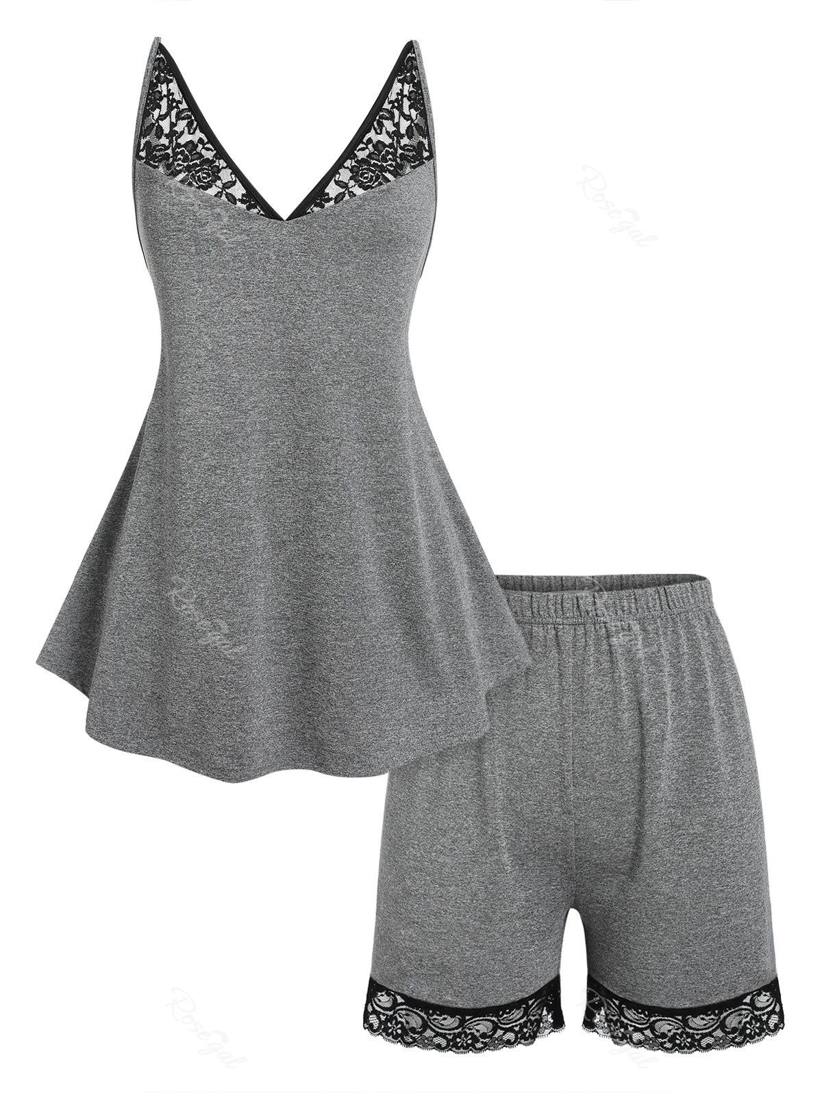 Best Plus Size Lace Panel Tank Top and Shorts Pajamas Set  