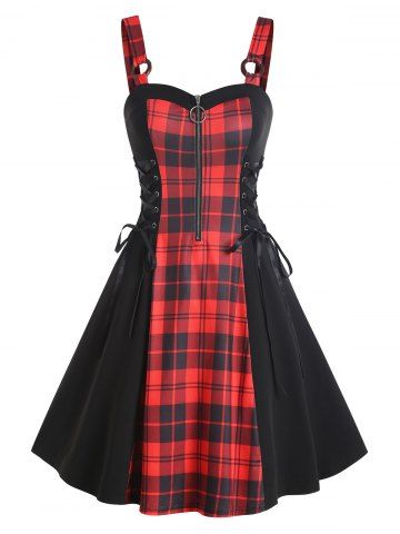O Ring Plaid Half Zip Lace Up Dress - RED - L