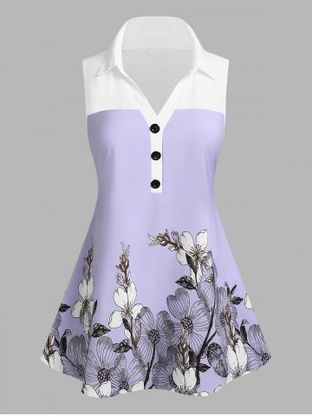 Plus Size Sleeveless Half Button Floral Print Blouse