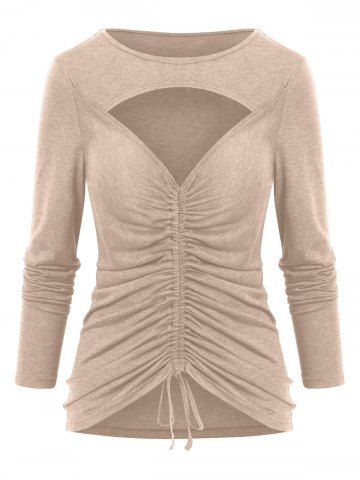 Front Cinch Tie Cutout T Shirt - LIGHT COFFEE - S