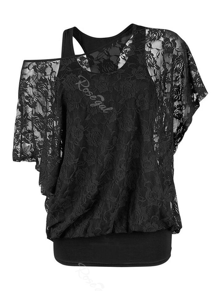 Fancy Plus Size Skew Neck Sheer Lace Blouse and Racerback Tank Top  