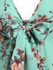 Plus Size Flutter Sleeve Floral Print Bowknot Blouse -  