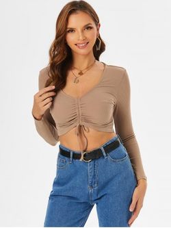 Plunge Neck Cinched Ribbed Cropped T-shirt - COFFEE - XXL