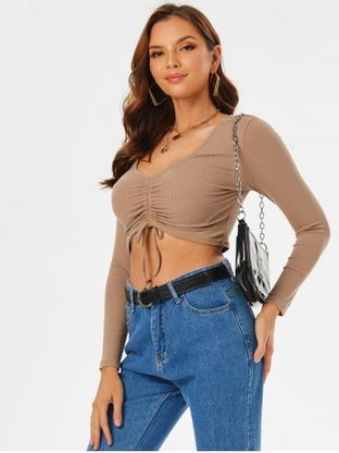 Plunge Neck Cinched Ribbed Cropped T-shirt