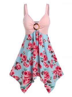 Plus Size & Curve Floral Print O Ring Handkerchief Cottagecore Dress - PINK - 1X