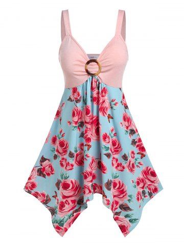 Plus Size & Curve Floral Print O Ring Handkerchief Cottagecore Dress - PINK - 5X