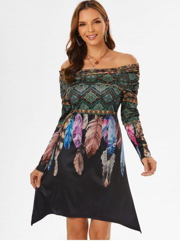 Off The Shoulder Printed Asymmetric Dress - BLACK - XXXL