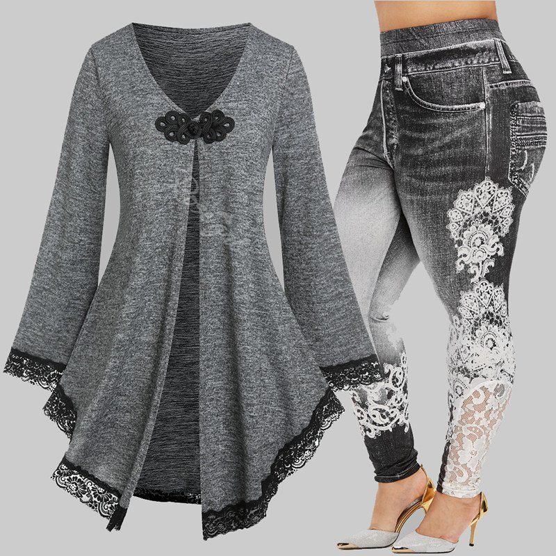 Outfit Plus Size Winter Chinese knot Lace Up Cardigan and Jeggings  