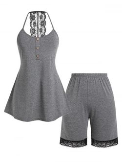 Plus Size Open Back Lace Panel Tank Top and Shorts Pajamas Set - GRAY - L