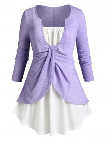 Plus Size Twist Notched T-shirt and Camisole Set - PURPLE - 2X