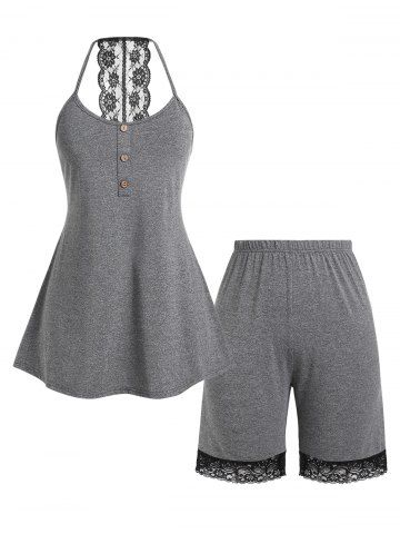 Plus Size Open Back Lace Panel Tank Top and Shorts Pajamas Set - GRAY - 1X