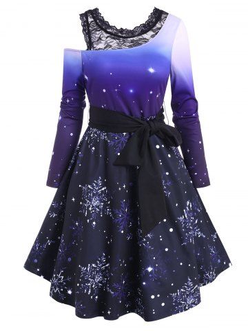 Christmas Snowflake Ombre Lace Panel Belted Dress - DEEP BLUE - S