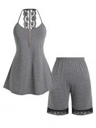 Plus Size Open Back Lace Panel Tank Top and Shorts Pajamas Set -  