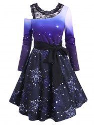 Christmas Snowflake Ombre Lace Panel Belted Dress -  