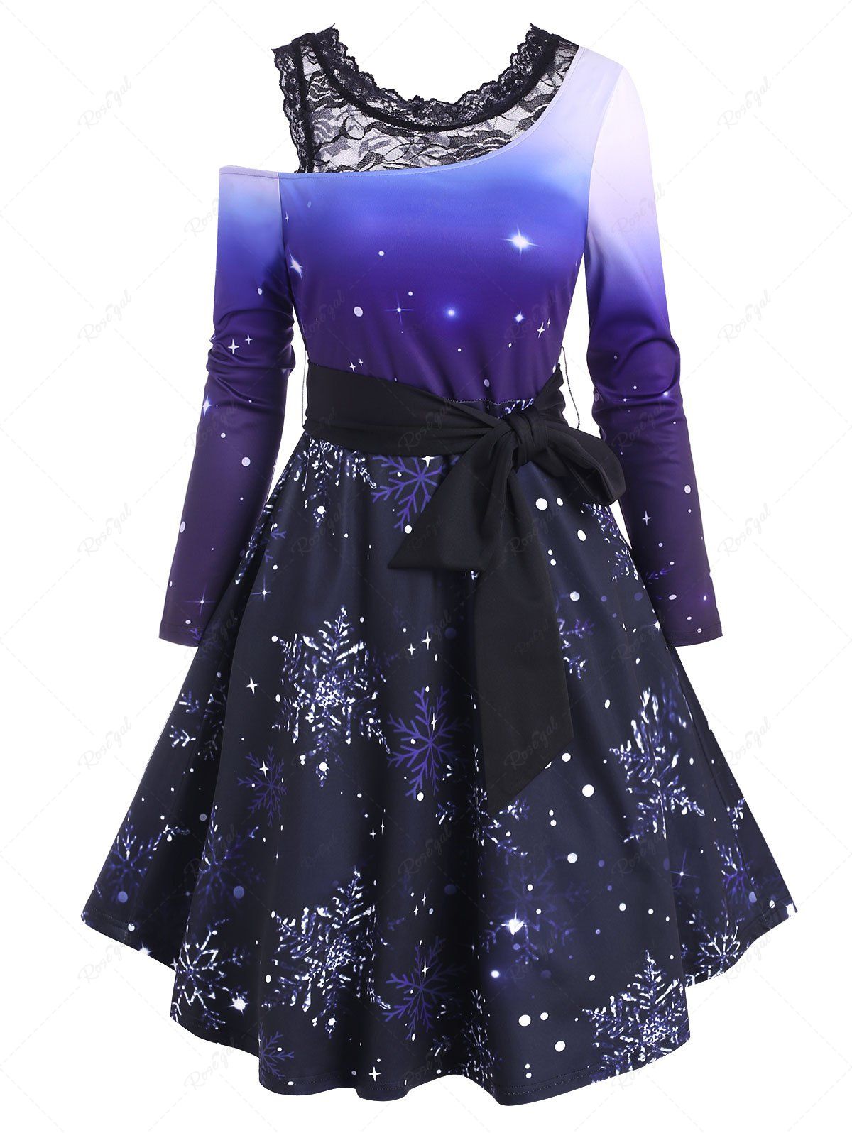 Fancy Christmas Snowflake Ombre Lace Panel Belted Dress  
