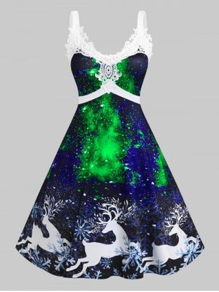 Plus Size Elk Print 3D Galaxy Lace Panel Christmas Midi Dress