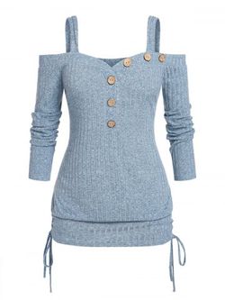 Plus Size Cinched Cold Shoulder Blouson Knitted Top - LIGHT BLUE - 5X