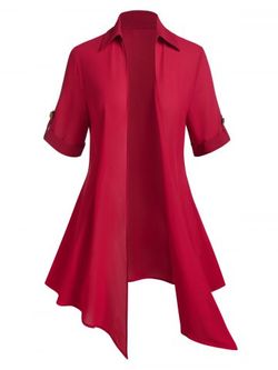Plus Size Open Front Cuffed Sleeve Draped Cardigan - RED - 2X