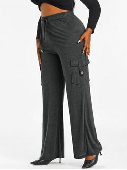 Plus Size & Curve High Waisted Pockets Wide Leg Pants - DARK GRAY - L