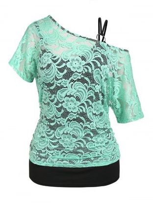Plus Size&Curve Skew Neck Sheer Lace Top and O Ring Camisole