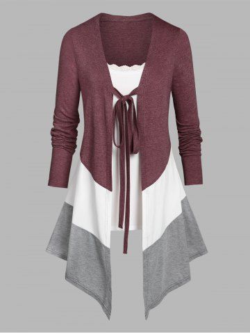 Plus Size Tie Colorblock Draped T-shirt and Cami Top Set