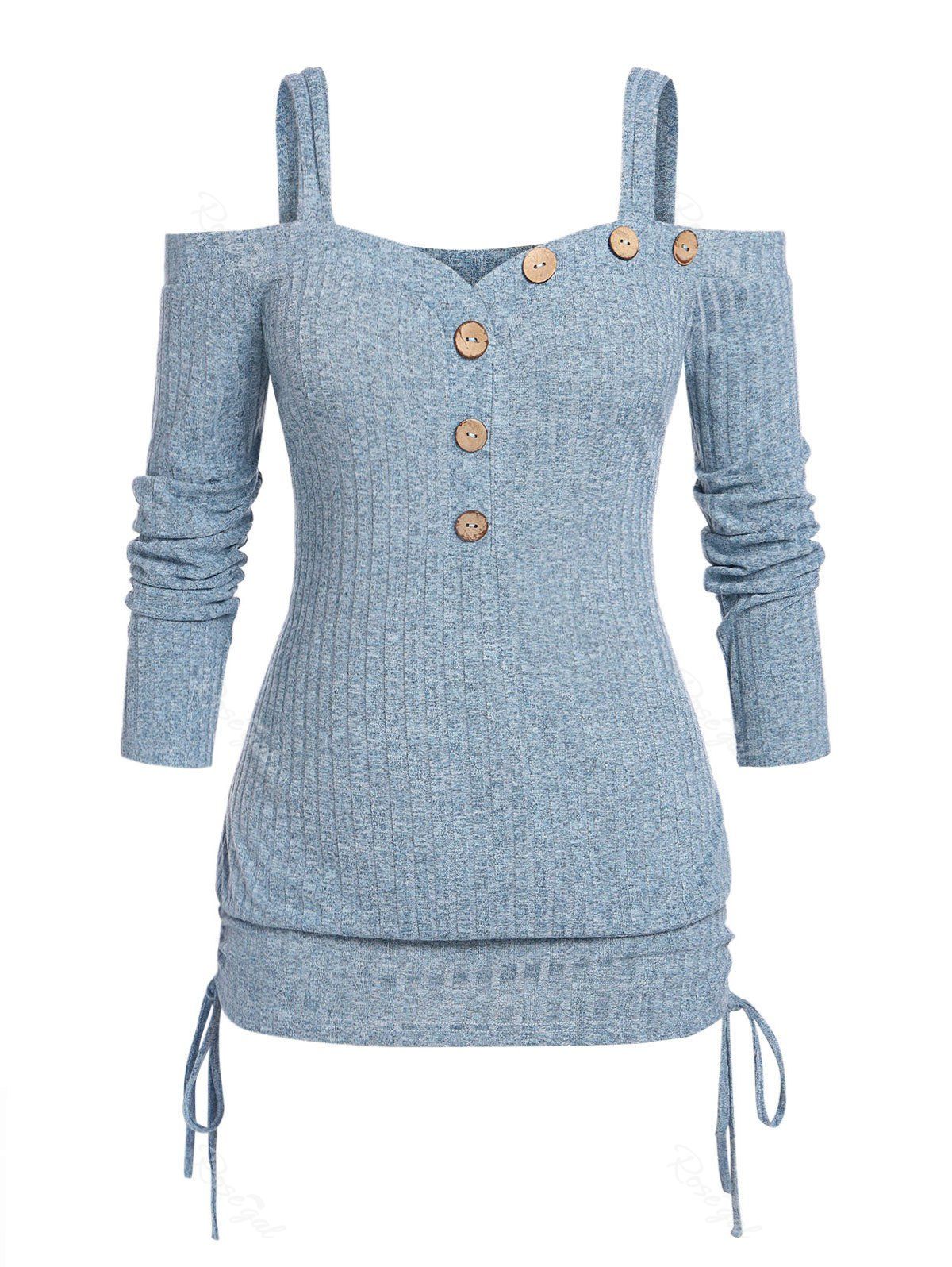 Unique Plus Size Cinched Cold Shoulder Blouson Knitted Top  